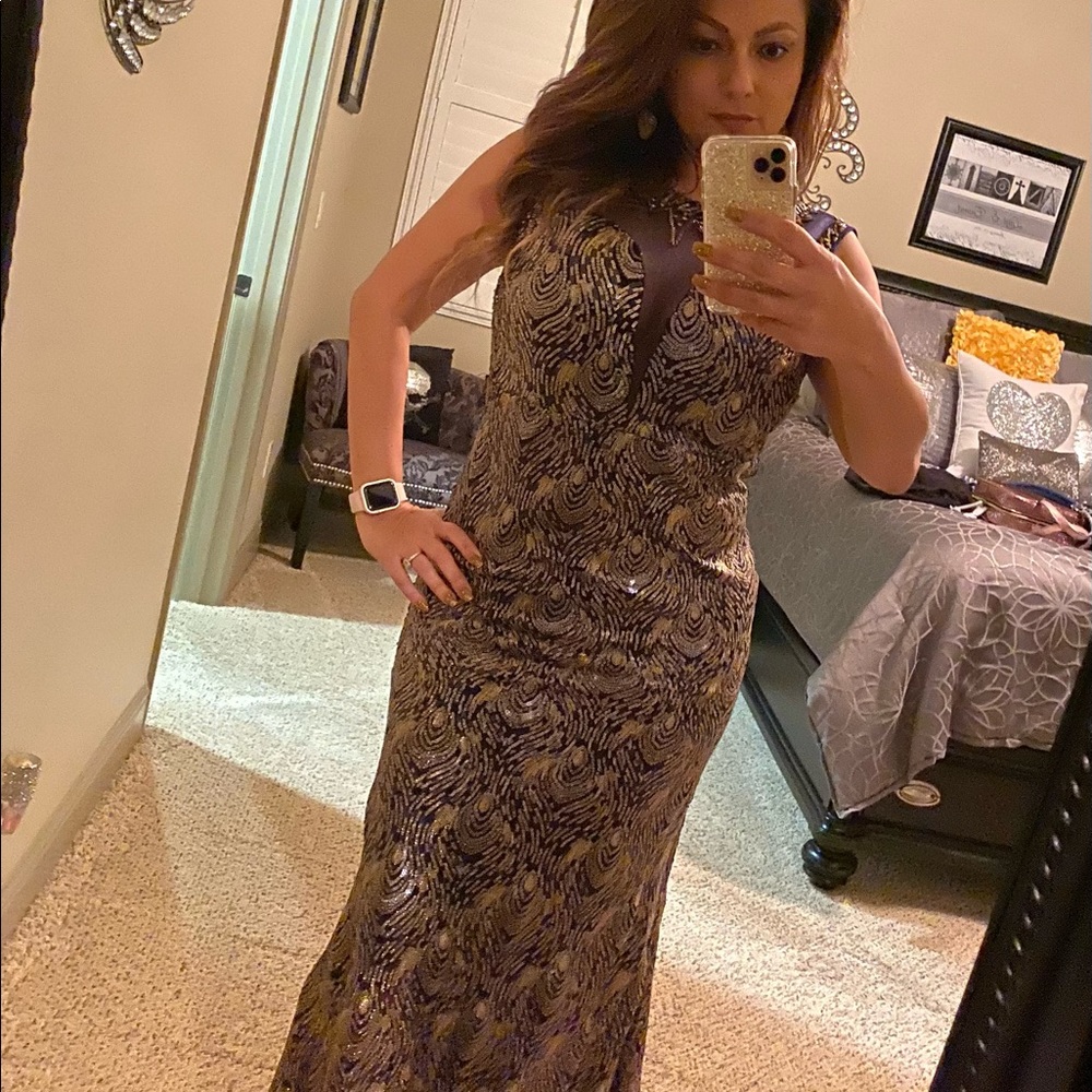 Royal blue and gold beaded evening dress, size L, full length gown.